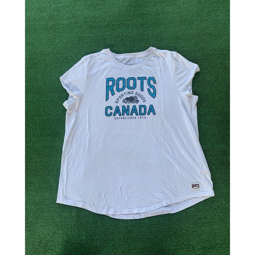 Roots Canada Logo Graphic T-shirt Womens XL White Short Sleeve
